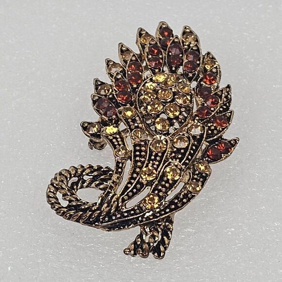 Vintage Yellow Brown Crystal Rhinestone Floral Big Brooch Pin Pendant Gold Tone‎ - Picture 2 of 13